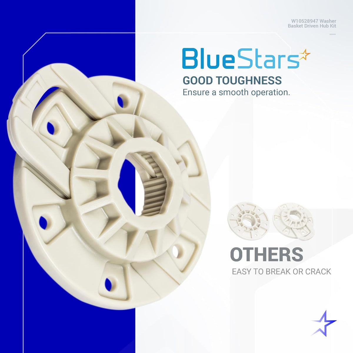 W10528947 Washer Basket Driven Hub Kit, product graphic with BlueStars branding and comparison to other hubs