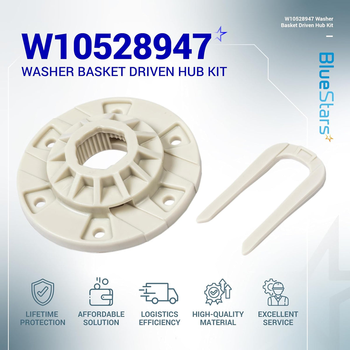 W10528947 Washer Basket Driven Hub Kit, product image showing a hub and removal tool