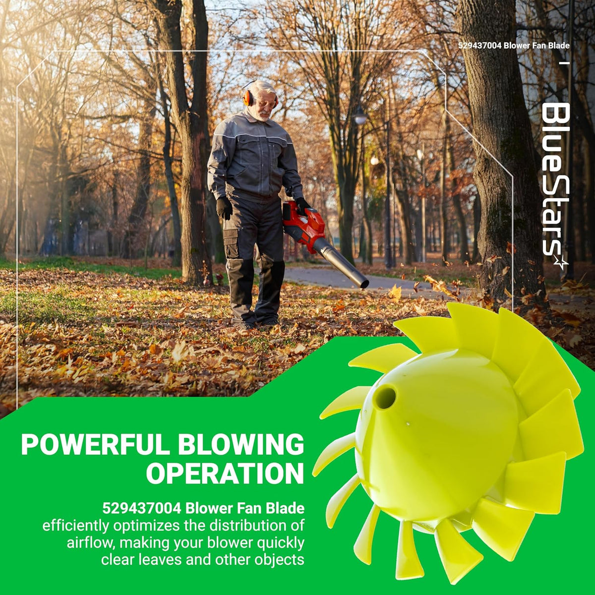 529437004 replacement blower fan blade for Ryobi 18V cordless leaf blowers shown in a lifestyle product graphic.