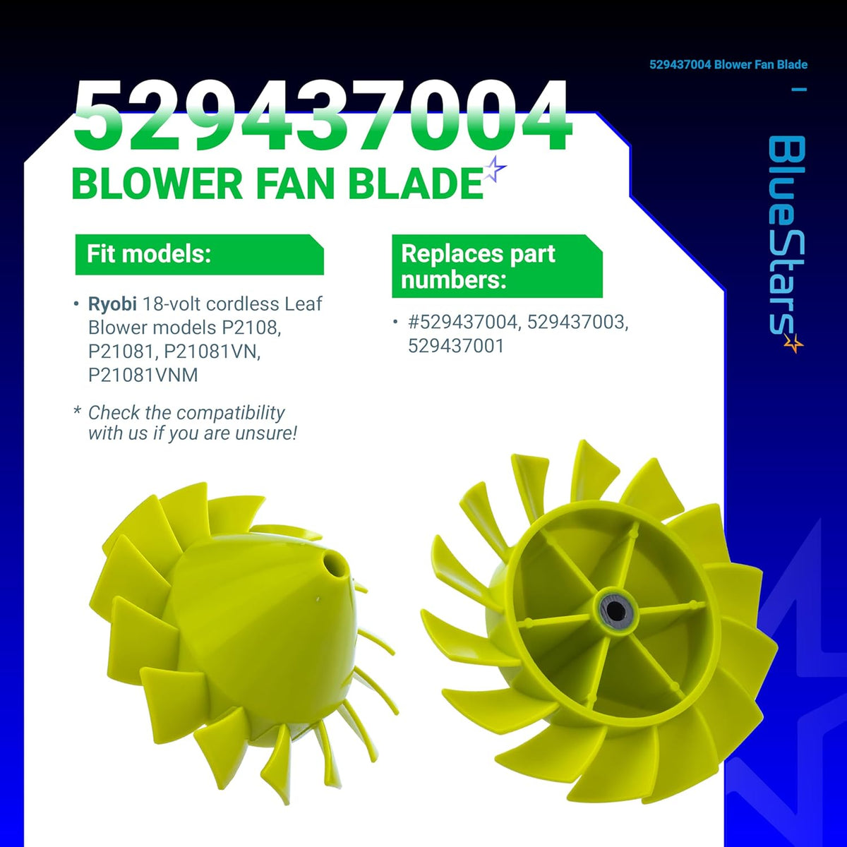 529437004 blower fan blade for Ryobi 18V cordless leaf blowers, showing front and back views with insert nut.