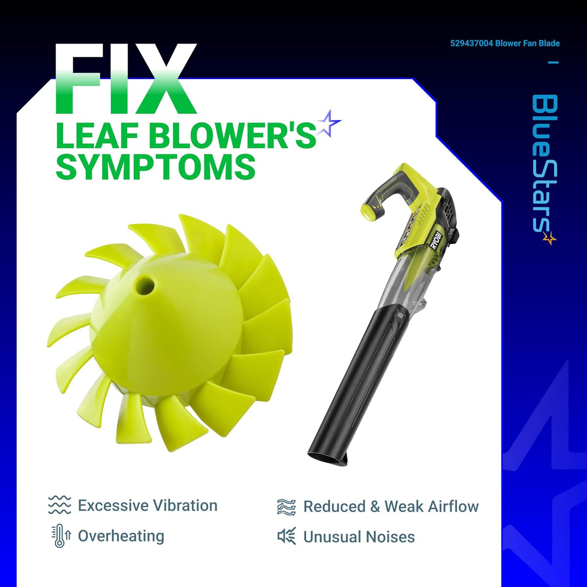 529437004 blower fan blade for Ryobi 18V cordless leaf blower showing symptoms of damage and repair.