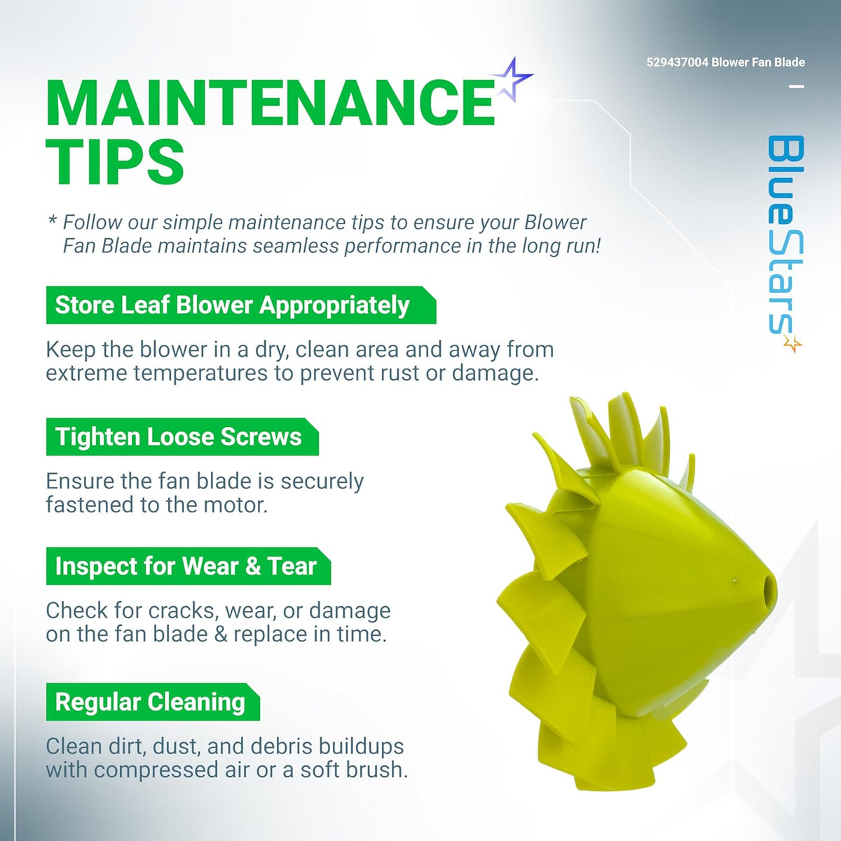 Infographic showing maintenance tips for the 529437004 blower fan blade compatible with Ryobi cordless leaf blowers.