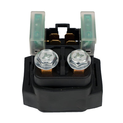 Starter solenoid relay for Yamaha YFM 350 with two metal terminal bolts and two green fuses.