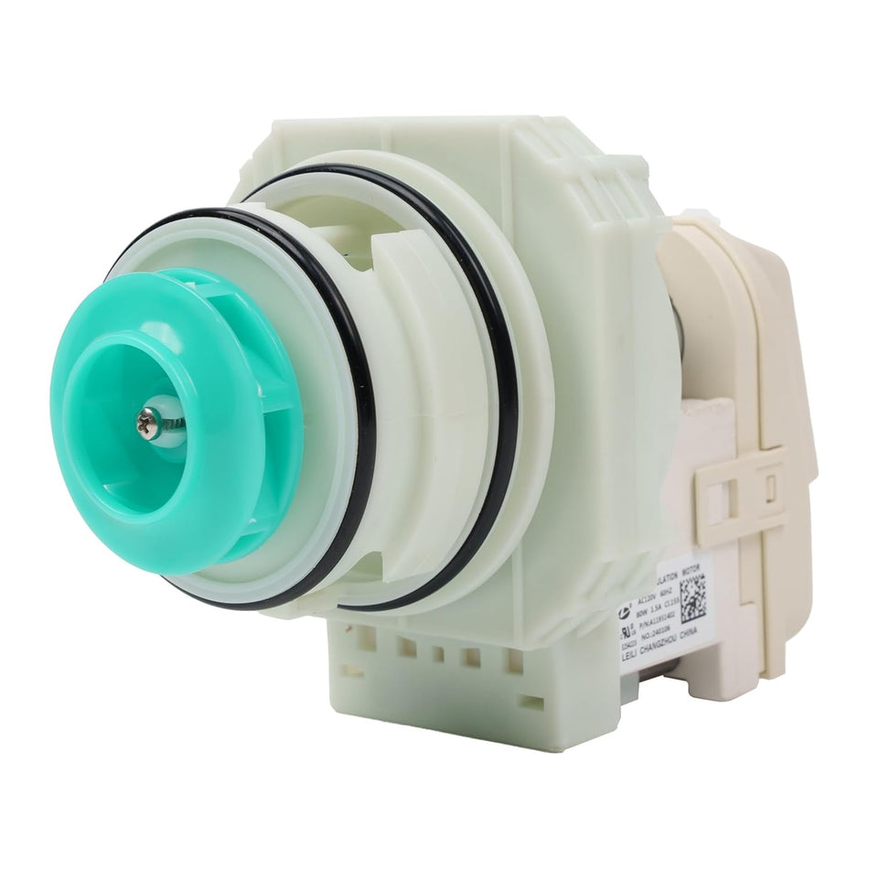 Replacement dishwasher pump and motor assembly with green impeller for Frigidaire and Ikea dishwashers.