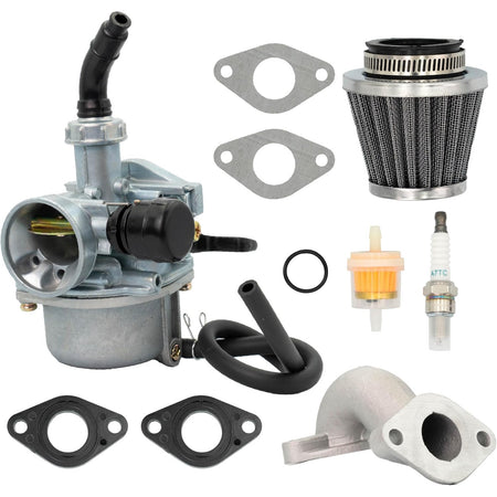 AT125 Carburetor Kit, complete kit shown with carburetor, air filter, fuel line, filters, spark plug, gaskets and intake pipe