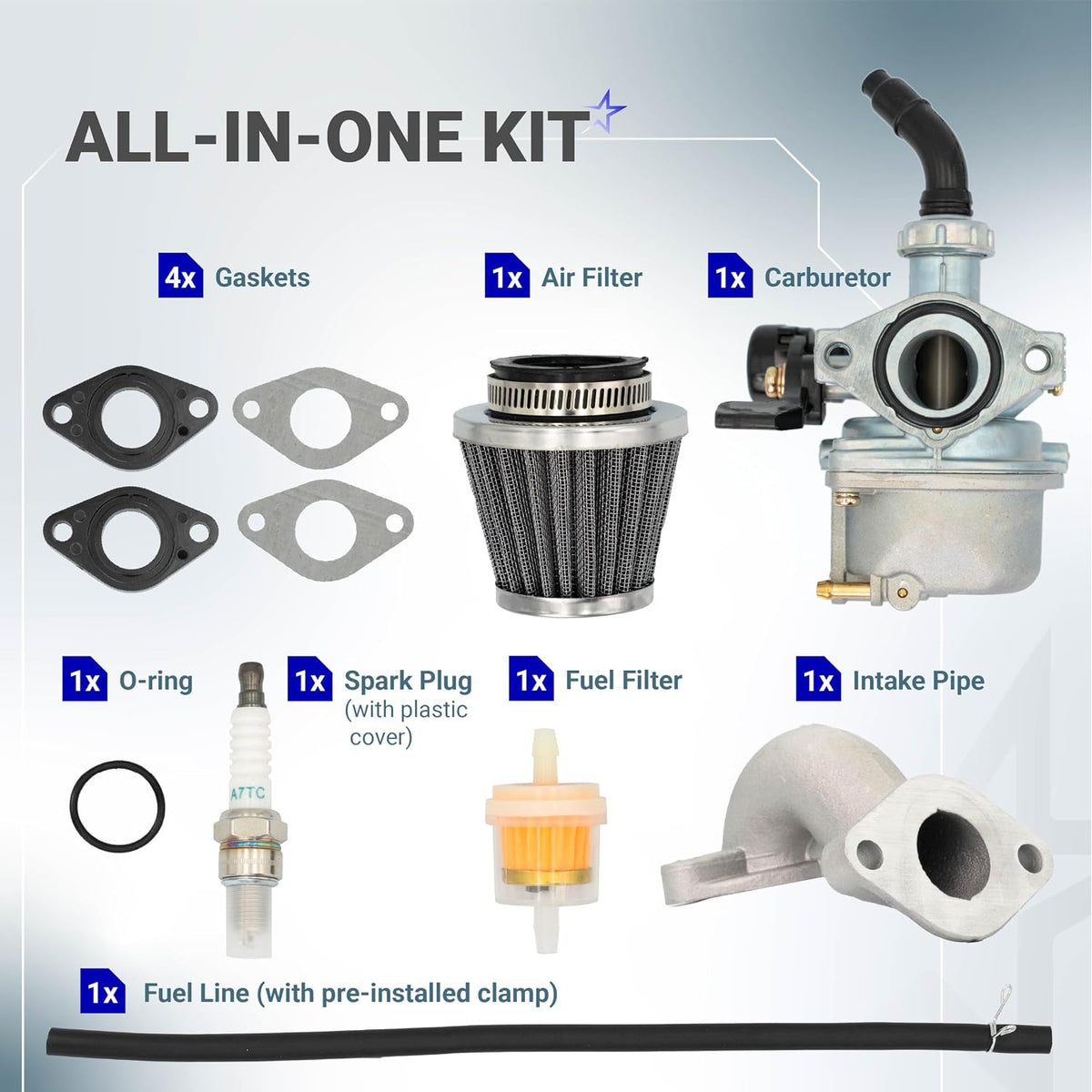 AT125 Carburetor Kit, all-in-one layout showing carburetor, air filter, intake pipe, fuel line, filters, spark plug and gaske