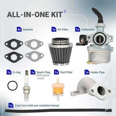 AT125 Carburetor Kit, all-in-one layout showing carburetor, air filter, intake pipe, fuel line, filters, spark plug and gaske