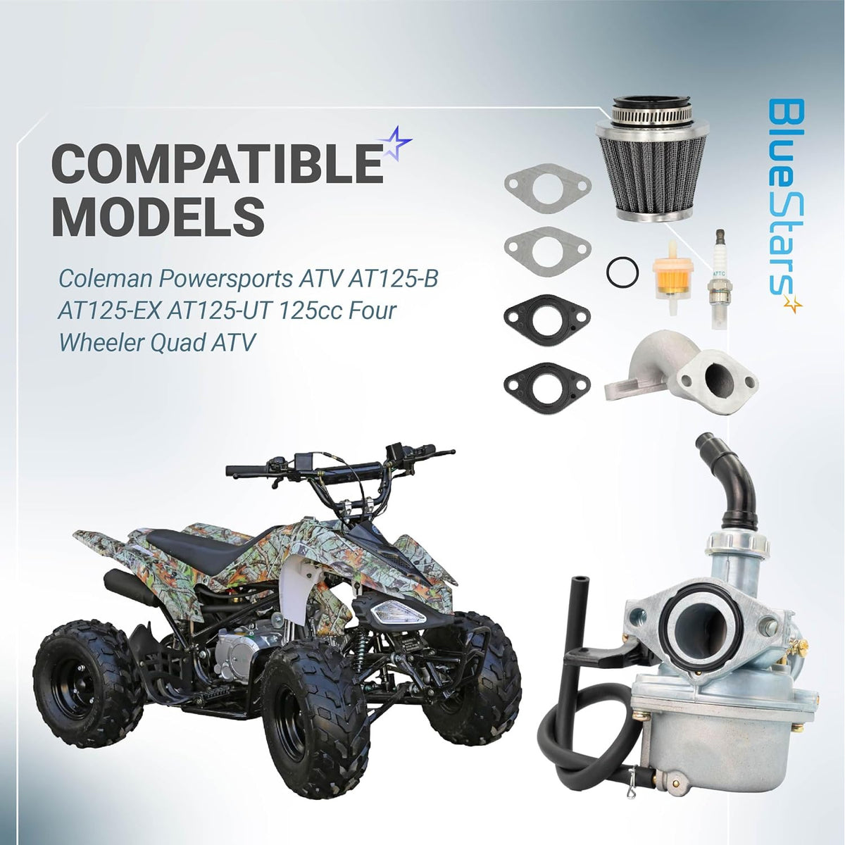 AT125 Carburetor Kit, compatible-models graphic showing an ATV, carburetor, air filter, gaskets and accessories