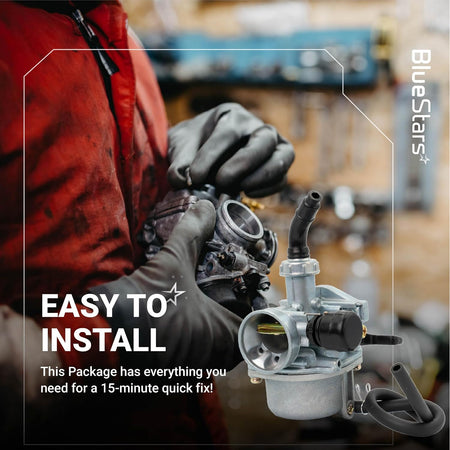 AT125 Carburetor Kit graphic showing a mechanic installing a carburetor, with parts displayed and “Easy to install” text.