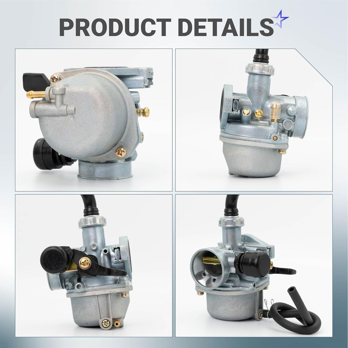 AT125 Carburetor Kit, four product detail views of the carburetor assembly