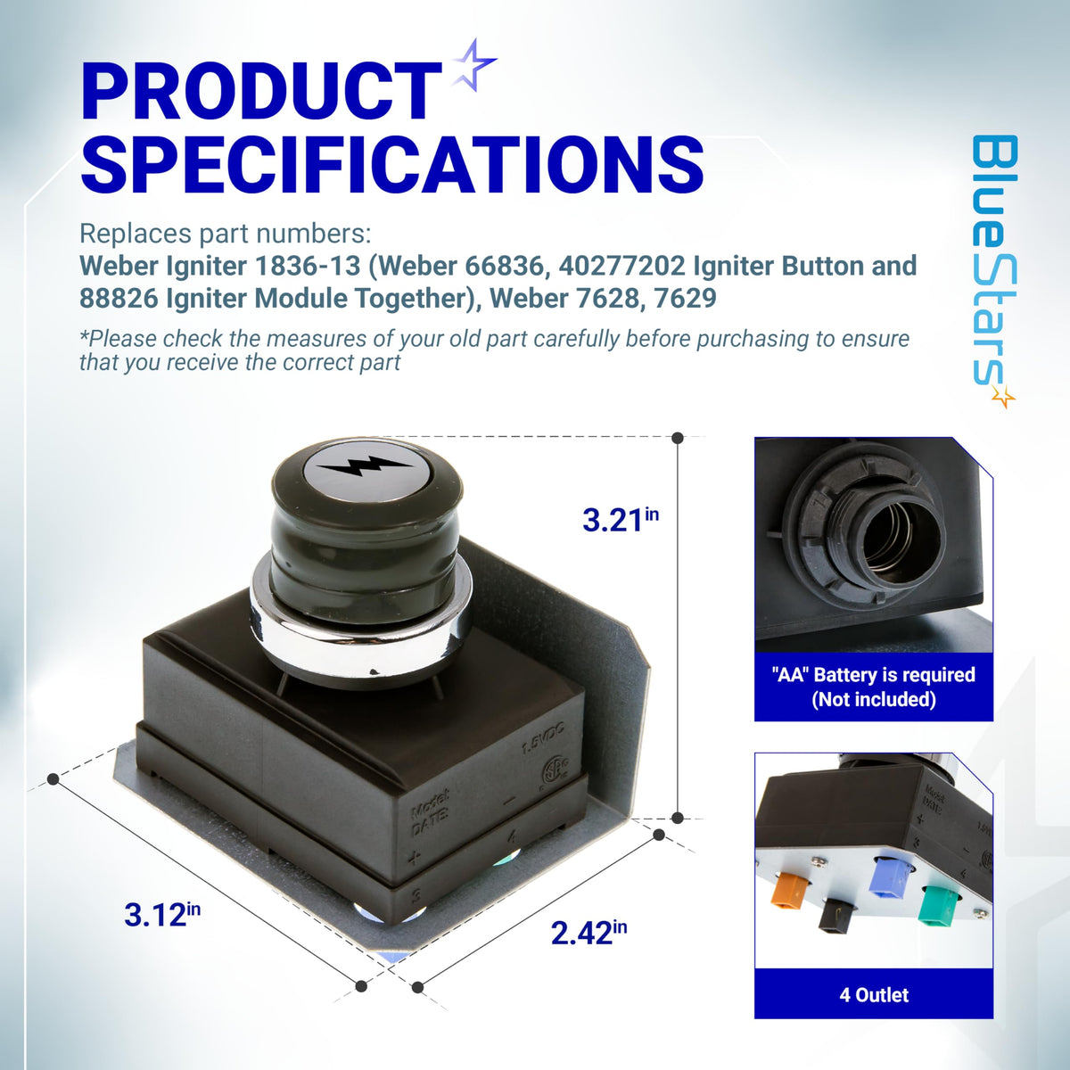 Specification chart for Weber Genesis 300 series electronic igniter kit showing dimensions and 4-outlet module details.