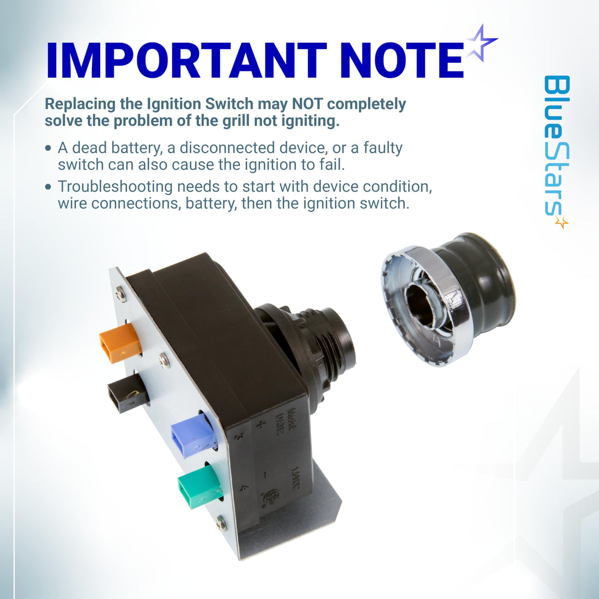 Electronic igniter module and control knob for Weber Genesis 300 series grills with troubleshooting information.