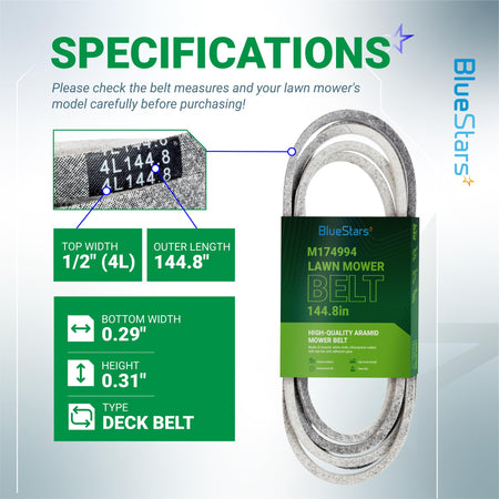 M174994 mower deck belt specifications chart showing dimensions and close-up of 144.8-inch length marking.