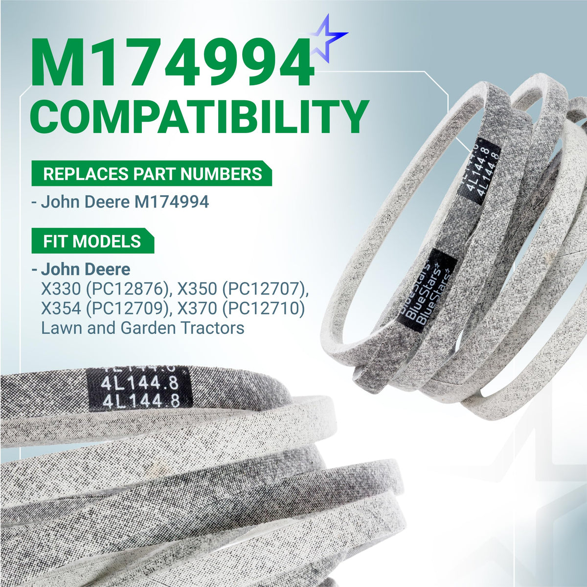 M174994 mower deck belt compatibility chart for John Deere X330, X350, X354, and X370 lawn mowers.