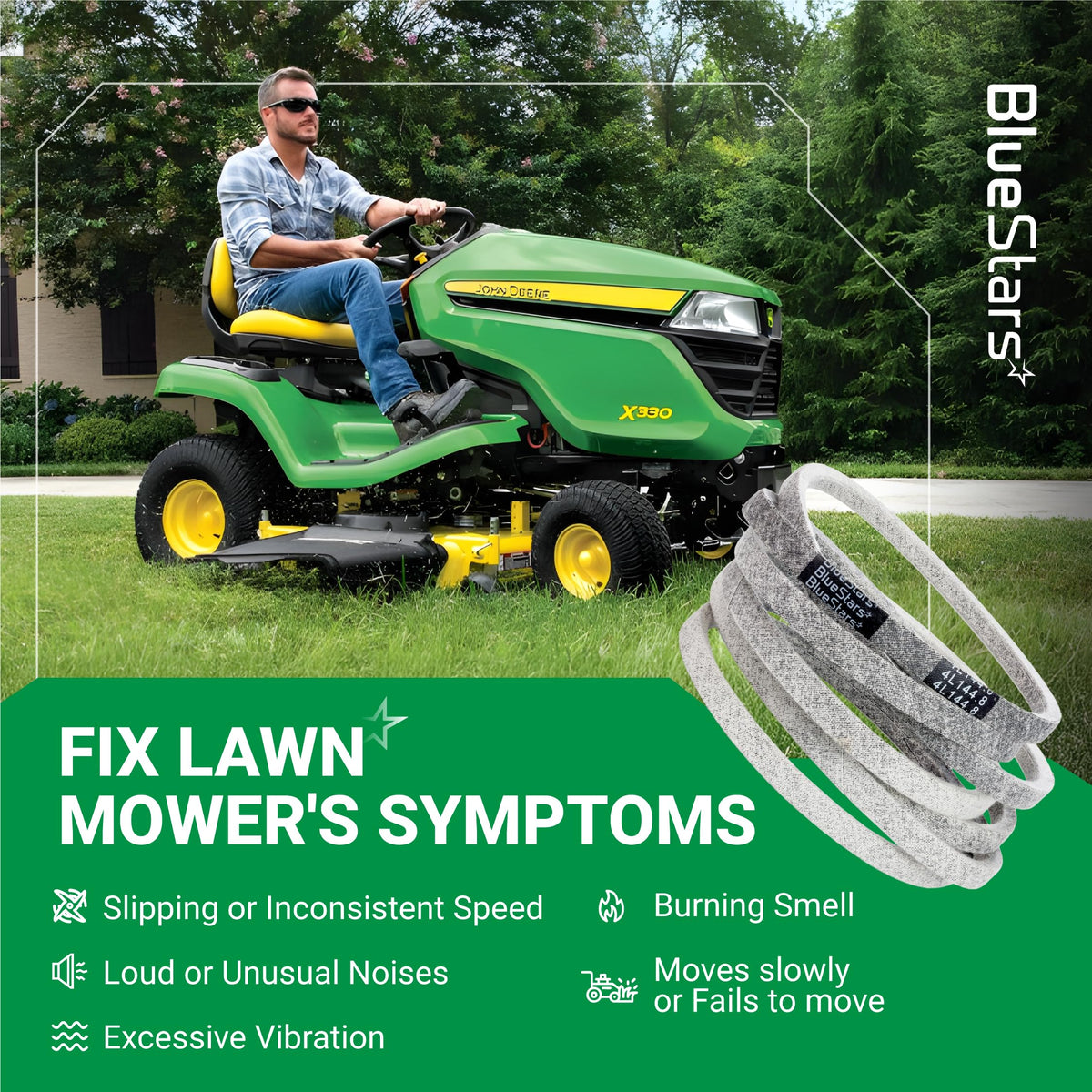 M174994 mower deck belt replacement for John Deere X330 lawn mower with troubleshooting guide.