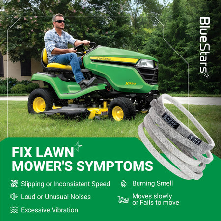 M174994 mower deck belt replacement for John Deere X330 lawn mower with troubleshooting guide.