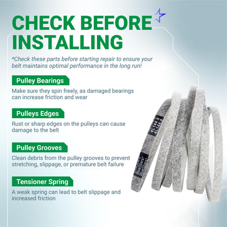 M174994 mower deck belt installation guide showing inspection tips for pulleys and tensioner springs.