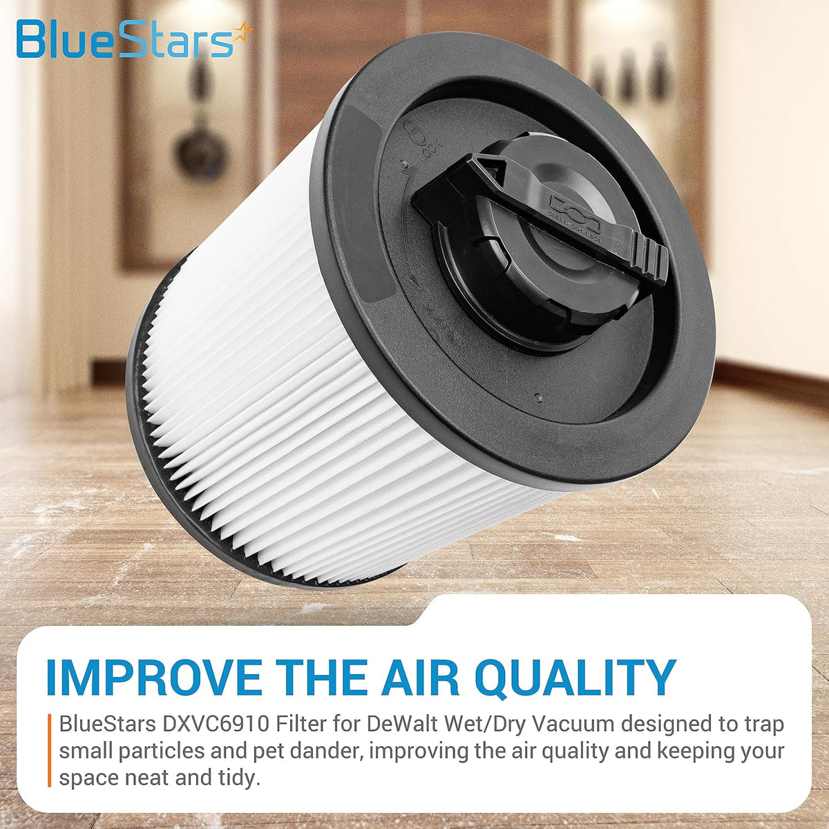 Single DXVC6910 cartridge filter replacement for DeWalt wet dry vacuum cleaners with locking mechanism.