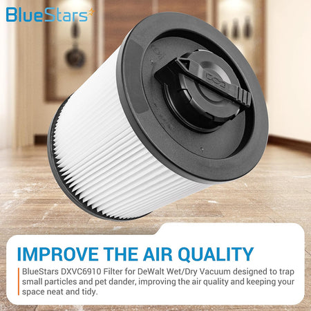 Single DXVC6910 cartridge filter replacement for DeWalt wet dry vacuum cleaners with locking mechanism.