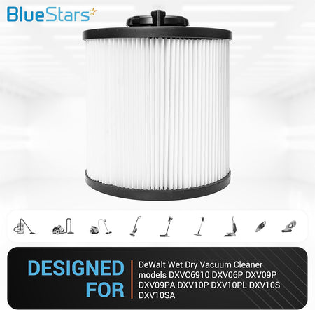 Single DXVC6910 cartridge filter replacement for DeWalt wet dry vacuum cleaners with compatibility list.