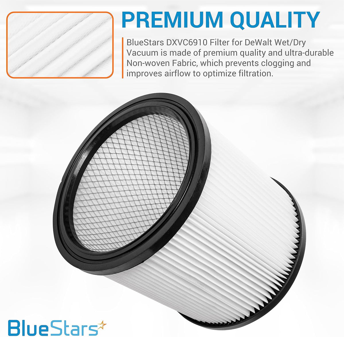 DXVC6910 cartridge filter replacement for DeWalt wet dry vacuums with non-woven fabric material detail.