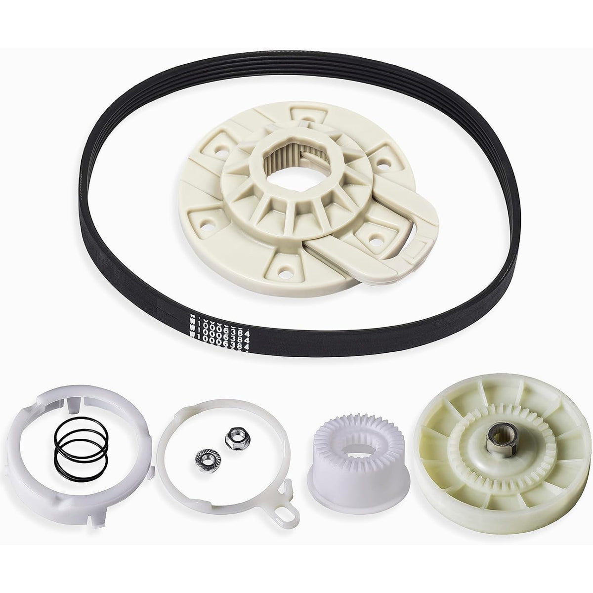 W10721967 Pulley Clutch Kit with W10006384 drive belt and W10528947 basket hub, components displayed
