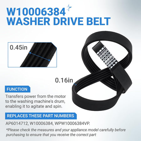 W10006384 Washer Drive Belt, product view with 0.45in and 0.16in dimension callouts