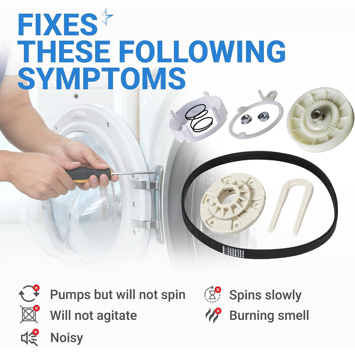 W10721967 Pulley Clutch Kit with W10006384 belt and W10528947 hub, symptom chart and washer repair
