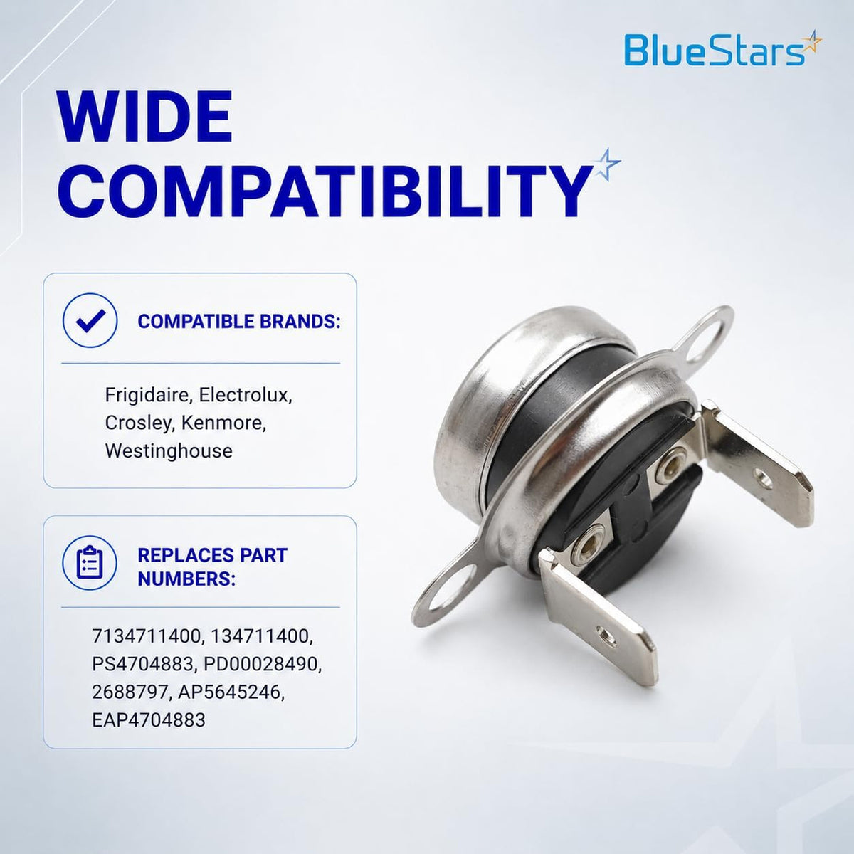 134711401 Dryer Thermal Limiter product graphic showing the limiter with compatible brands and replacement part numbers