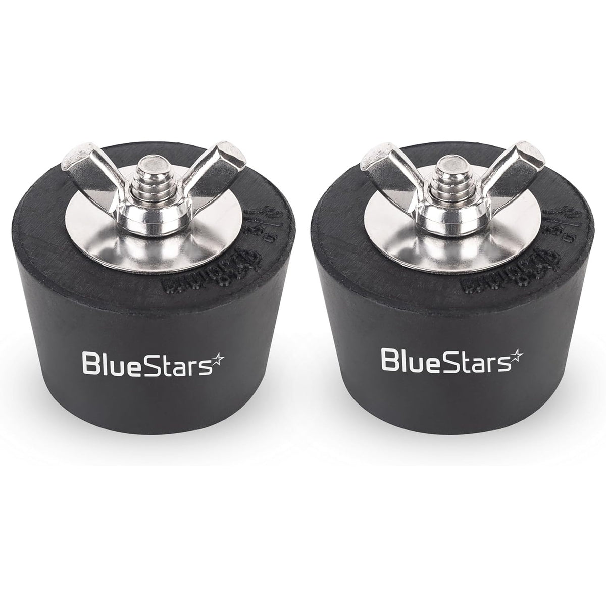 Two black rubber swimming pool winter expansion plugs with stainless steel wing nuts and hardware.