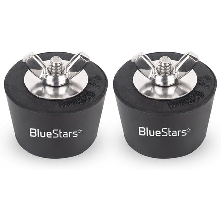 Two black rubber swimming pool winter expansion plugs with stainless steel wing nuts and hardware.