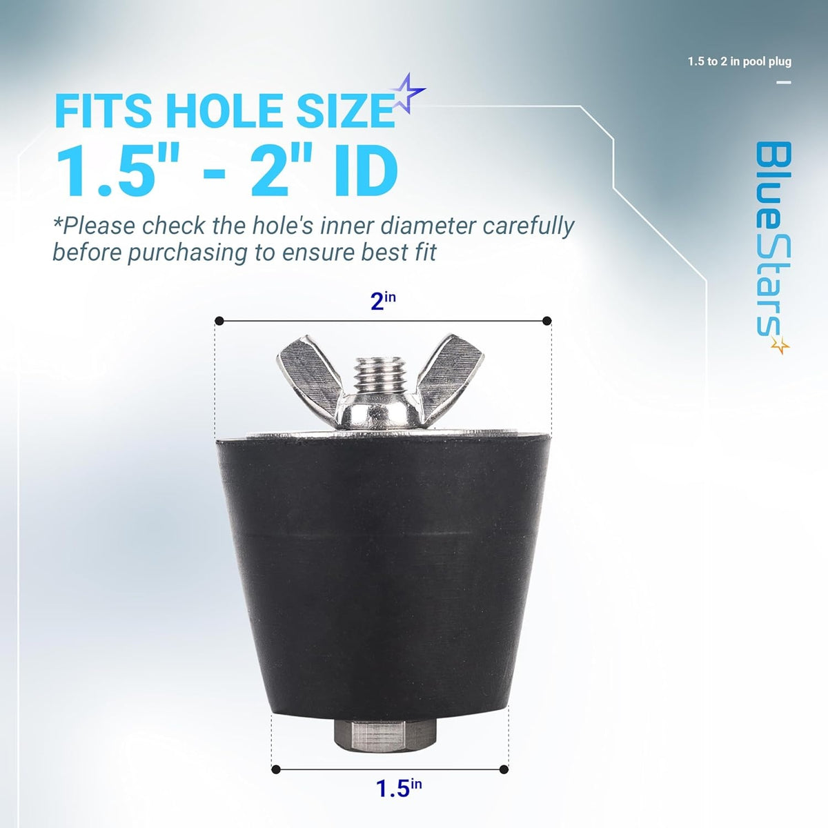 Swimming pool winter expansion rubber plug with stainless steel wing nut, showing 1.5-inch to 2-inch sizing dimensions.