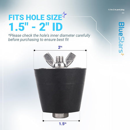 Swimming pool winter expansion rubber plug with stainless steel wing nut, showing 1.5-inch to 2-inch sizing dimensions.