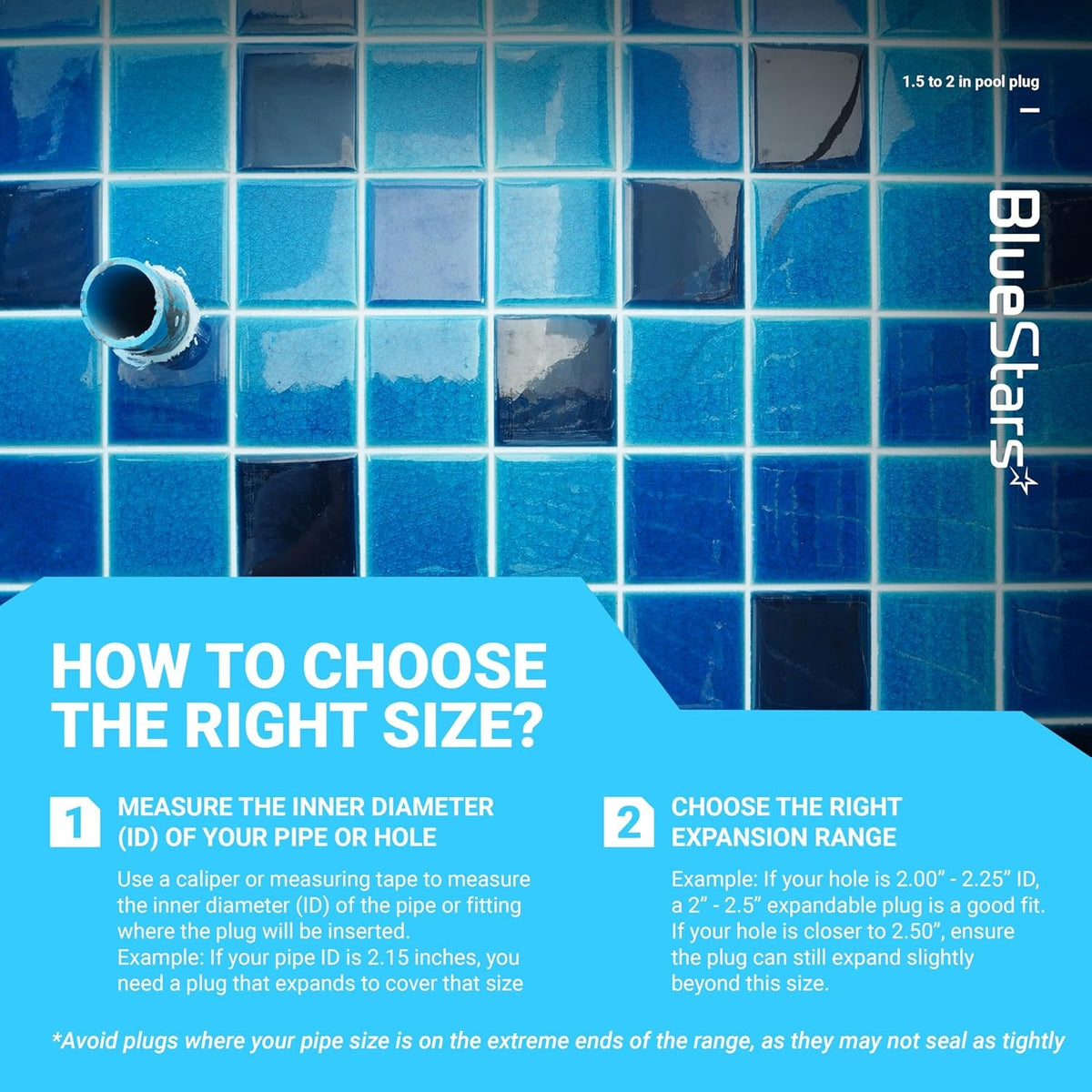 Infographic showing how to measure pool pipe inner diameter for selecting the correct winter expansion plug size.