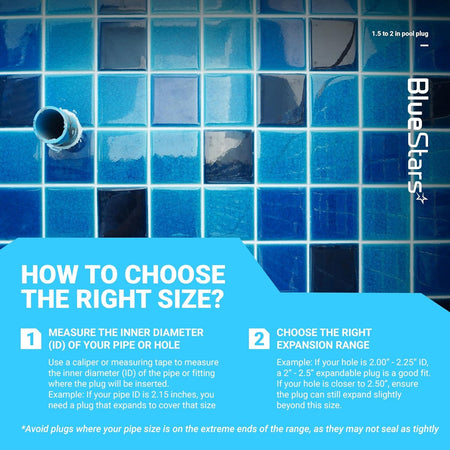 Infographic showing how to measure pool pipe inner diameter for selecting the correct winter expansion plug size.