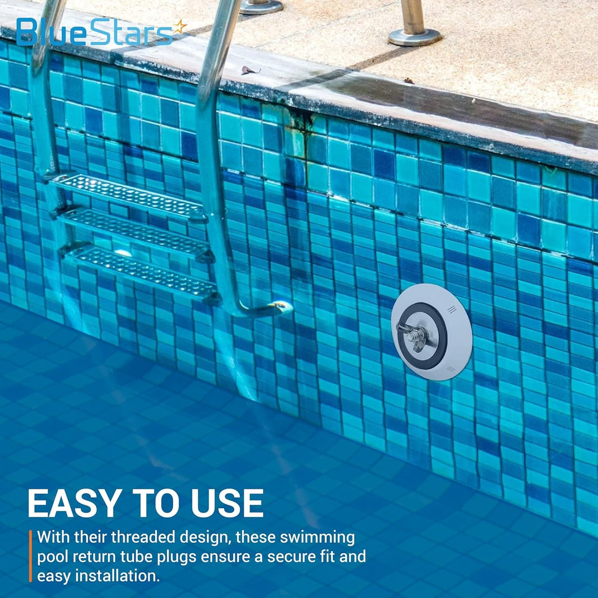 Swimming pool winter expansion rubber plug installed in a return line on a tiled pool wall.