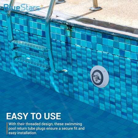 Swimming pool winter expansion rubber plug installed in a return line on a tiled pool wall.