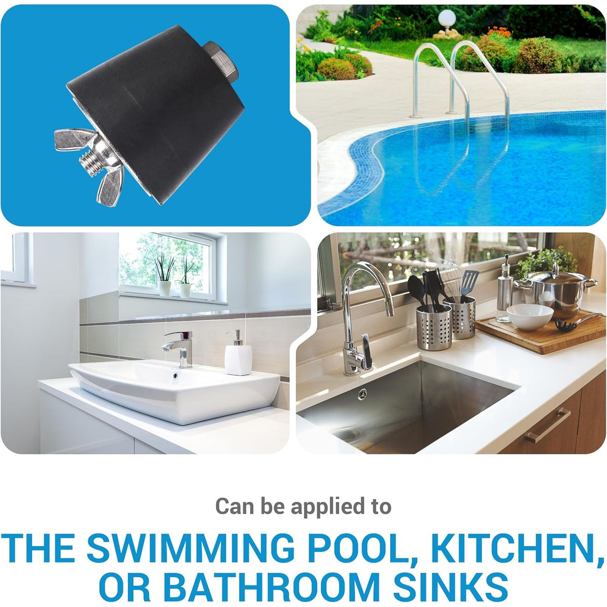 Collage showing a swimming pool winter expansion rubber plug with stainless steel screw used in pools and home sinks.