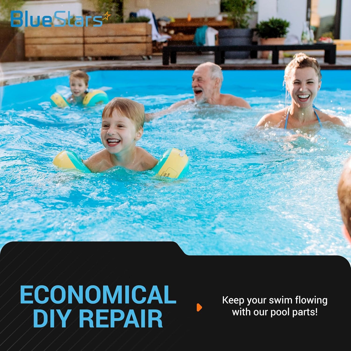 Family swimming in a pool with text overlay promoting BlueStars economical DIY pool repair parts.