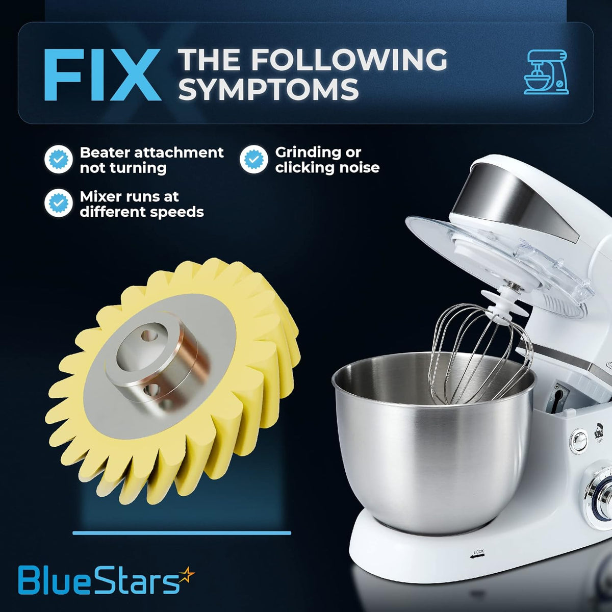 W10112253 mixer worm gear shown with a stand mixer and list of common repair symptoms.