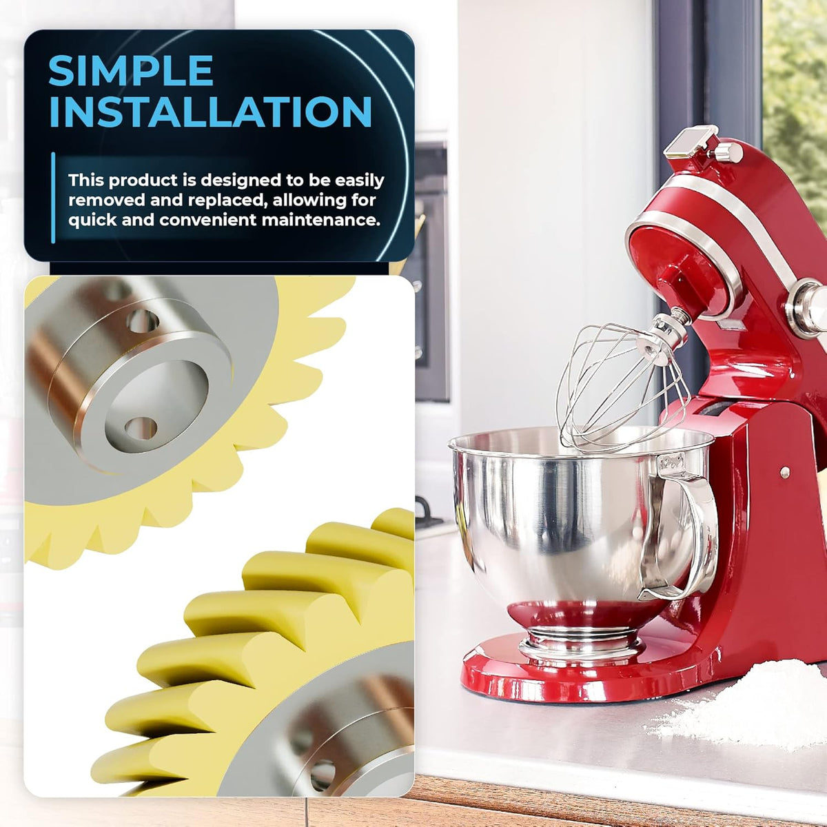 W10112253 mixer worm gear close-up with red stand mixer for easy installation reference.