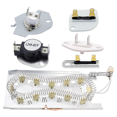 WP3387747 dryer heating element kit with replacement thermal fuses and thermostats for Whirlpool and Kenmore dryers.