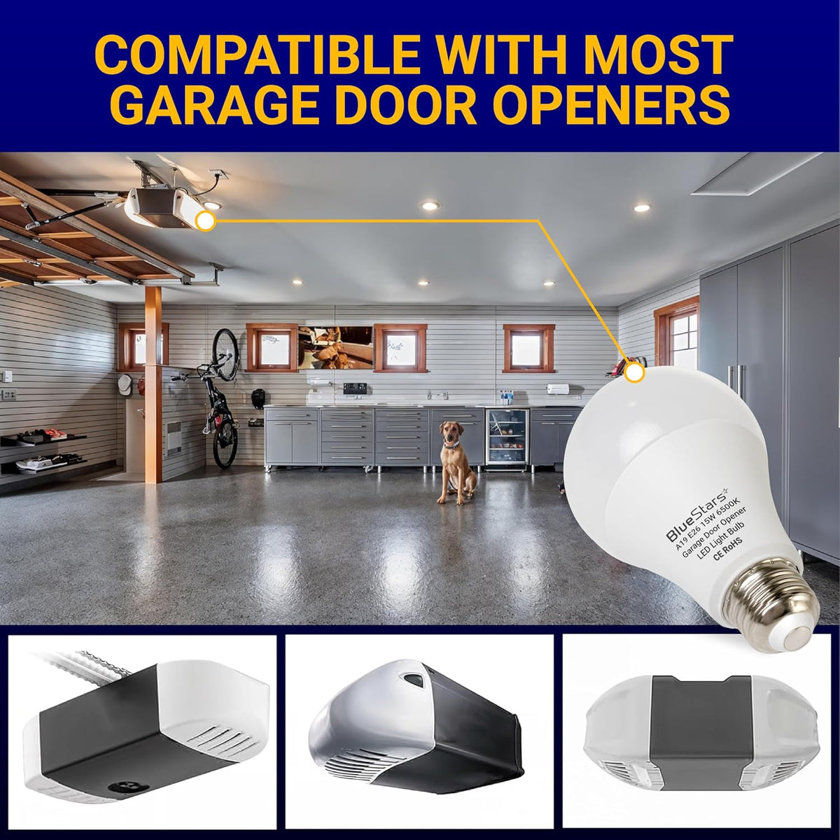 15W universal garage door opener LED light bulb with E26 base installed in a garage ceiling motor.