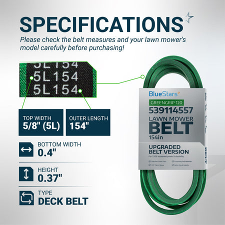 Specification chart for 539114557 deck belt showing dimensions, 5/8 inch width, and 154 inch length for mower compatibility.