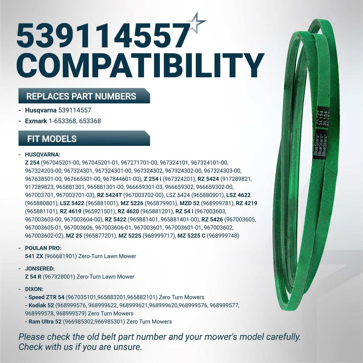 Green 539114557 replacement deck belt for Husqvarna, Poulan, and Dixon zero-turn mowers with compatibility chart.
