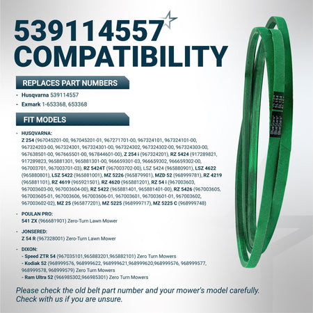 Green 539114557 replacement deck belt for Husqvarna, Poulan, and Dixon zero-turn mowers with compatibility chart.