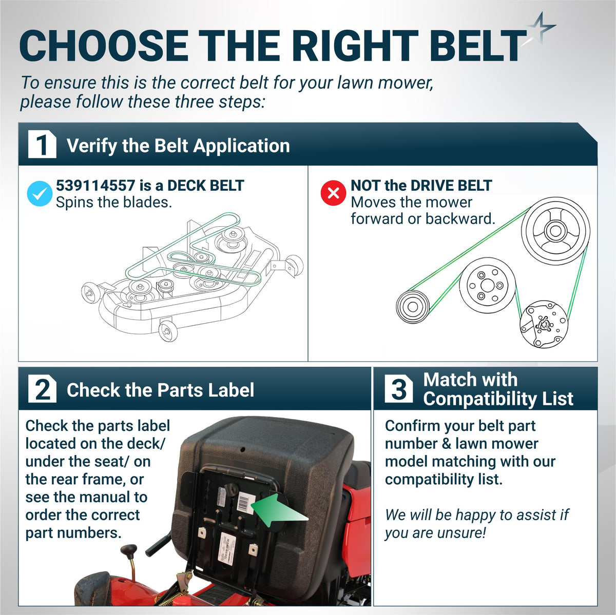 Informational guide for choosing the correct 539114557 mower deck belt with application and compatibility steps.