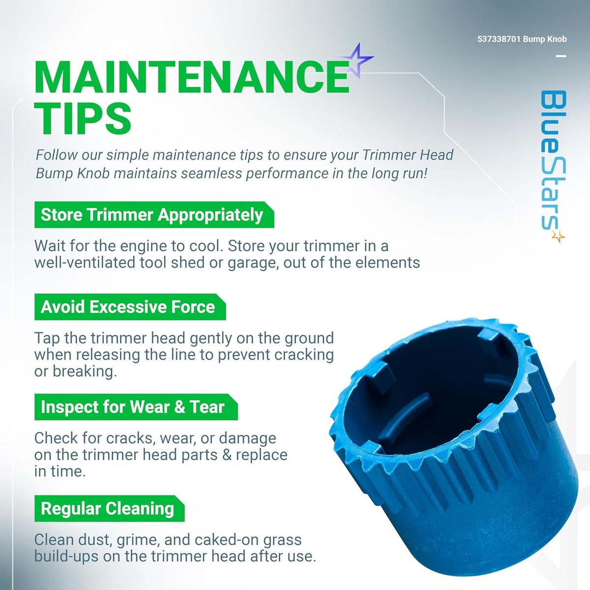 Infographic showing maintenance tips for 537338701 trimmer head bump knob compatible with Husqvarna T25 heads.