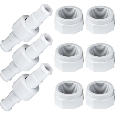Set of three D20 pool cleaner hose swivels and six D15 hose nuts for Zodiac Polaris pool cleaners.