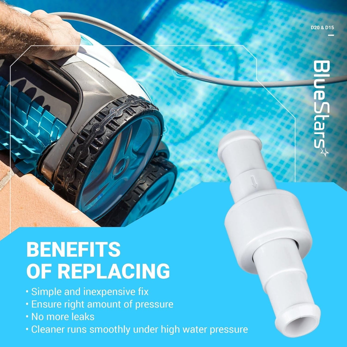 D20 pool cleaner hose swivel replacement for Zodiac Polaris cleaners shown with benefits and pool vacuum context.